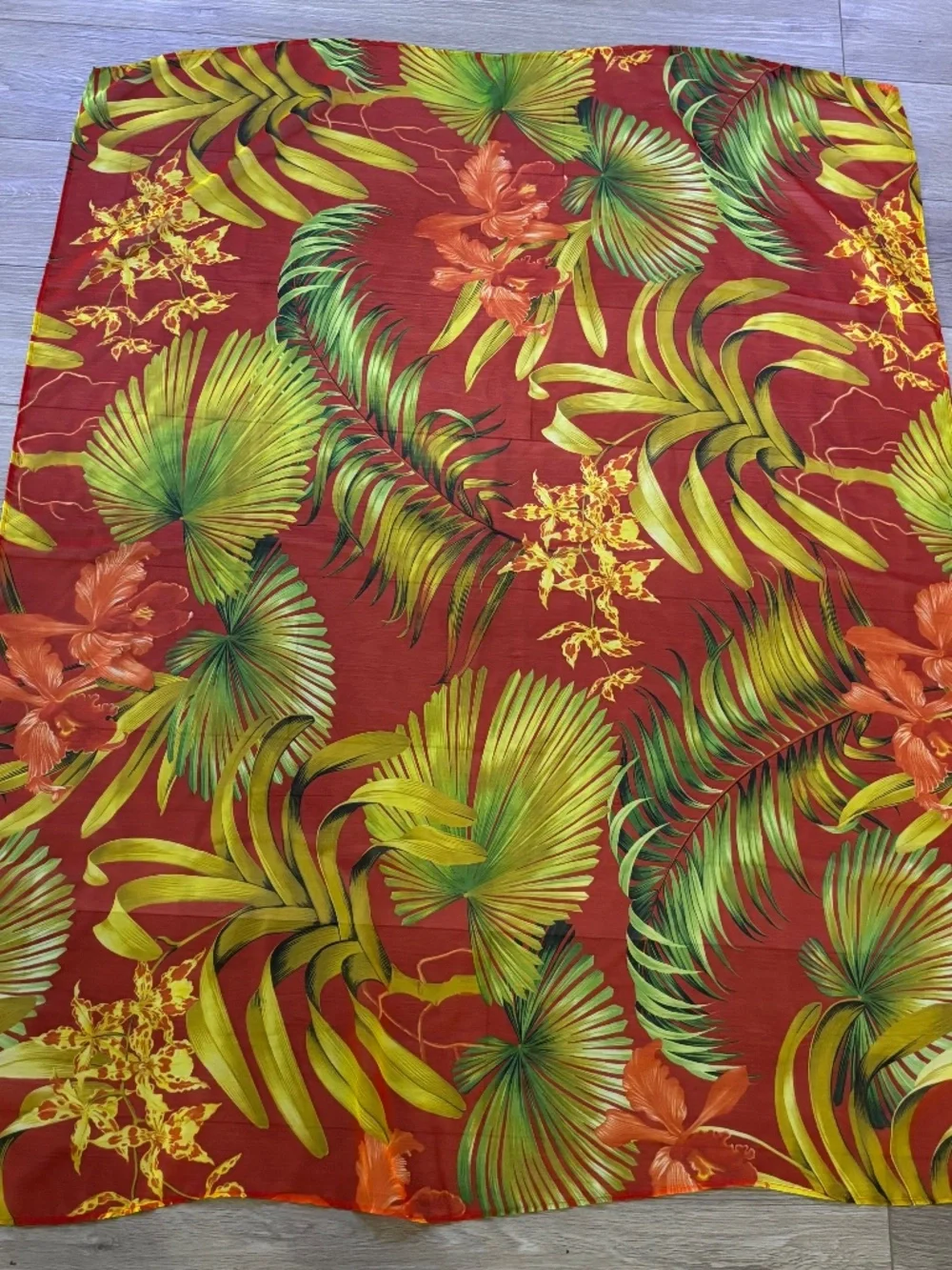 Vintage Anne Klein Large Rectangular Scarf Red Yellow Green Tropical Print Sheer